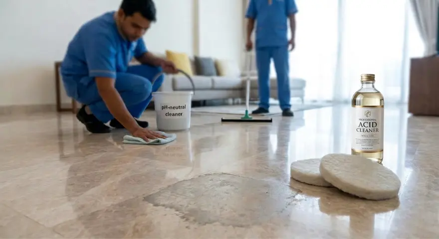 Professional marble cleaning service on Dubai hard water stained floors using pH-neutral stone products