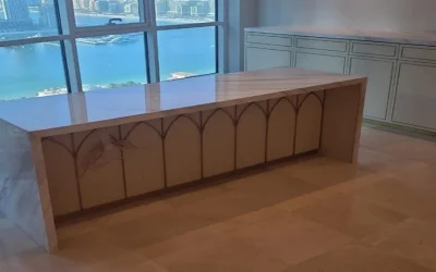 Polished marble kitchen countertops in a Dubai Marina apartment