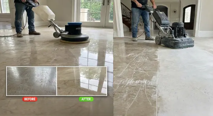 Before and after diamond grinding and polishing restoration of marble floors in a Dubai Marina penthouse
