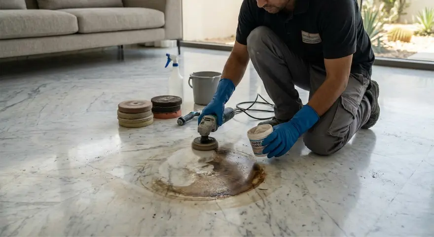 Professional marble stain removal and floor restoration service applied to Dubai villa marble floors