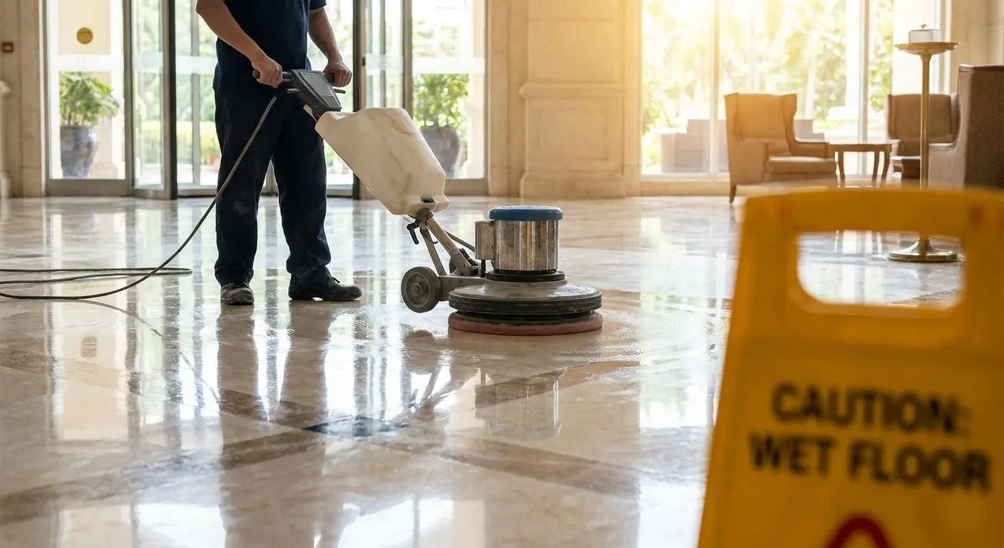 Professional diamond polishing service restoring Italian marble floors in a Dubai villa