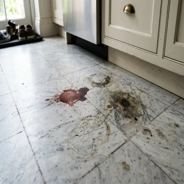 Deep oil and rust stains on a Dubai villa marble floor before extraction